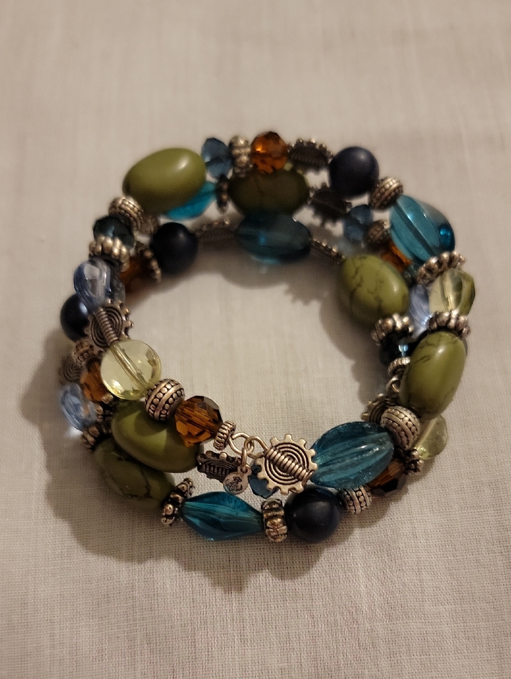 Premier Designs Beaded Wrap Coil Bracelet - Green Blue Amber